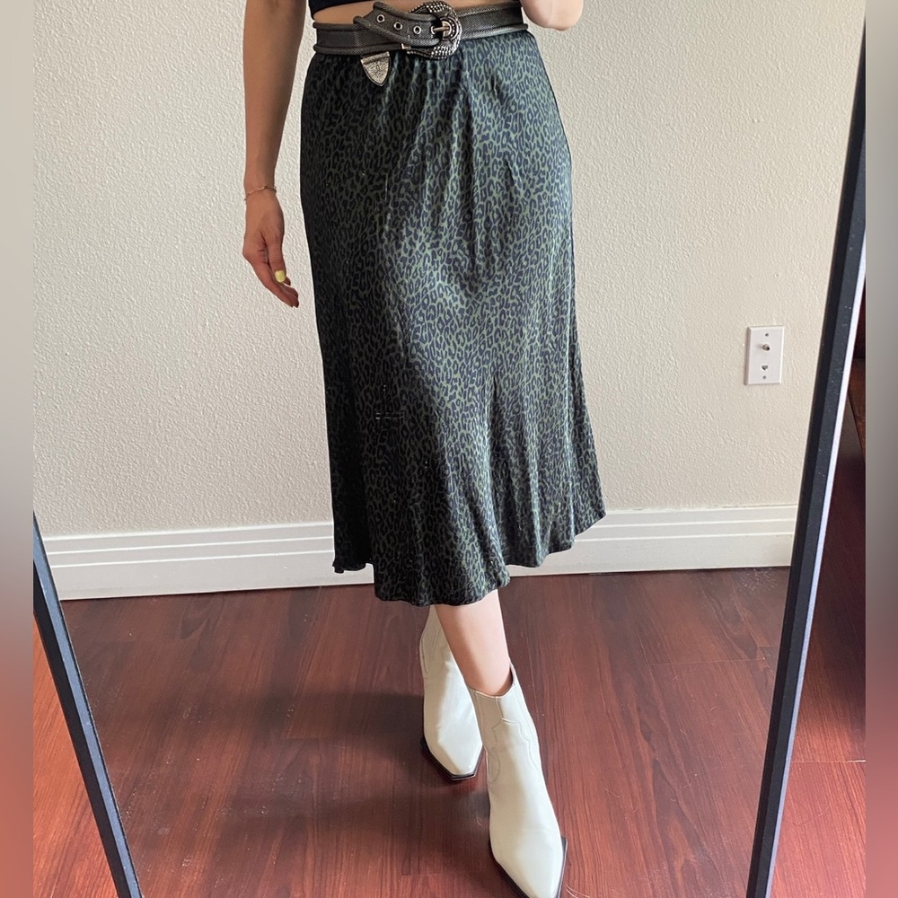 Olive black satin leopard print A line skirt